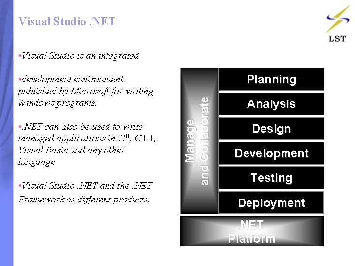 Visual Studio. NET • Visual Studio is an integrated • . NET can also Visual Studio. NET • Visual Studio is an integrated • . NET can also