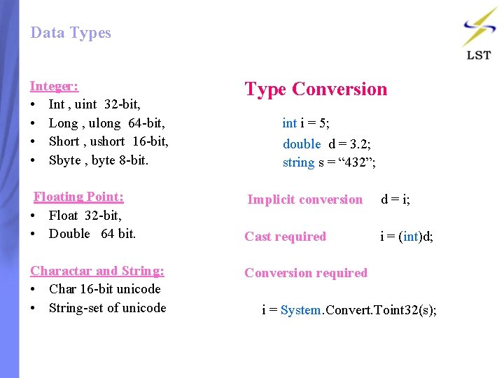 Data Types Integer: • Int , uint 32 -bit, • Long , ulong 64 Data Types Integer: • Int , uint 32 -bit, • Long , ulong 64