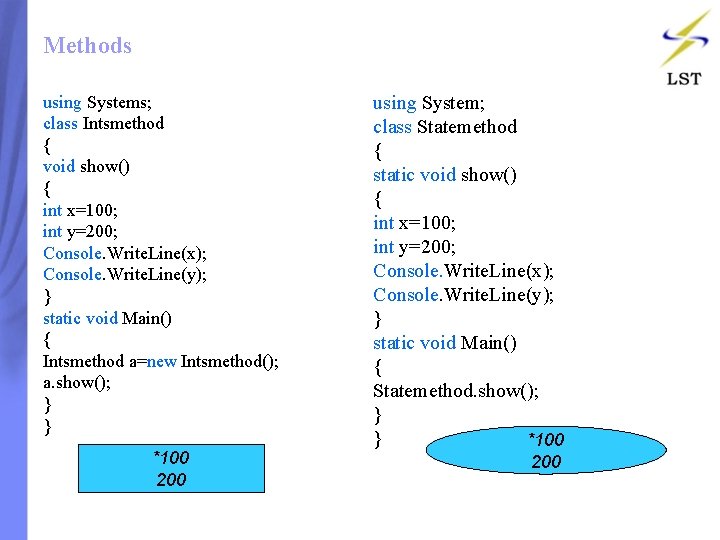 Methods using Systems; class Intsmethod { void show() { int x=100; int y=200; Console. Methods using Systems; class Intsmethod { void show() { int x=100; int y=200; Console.