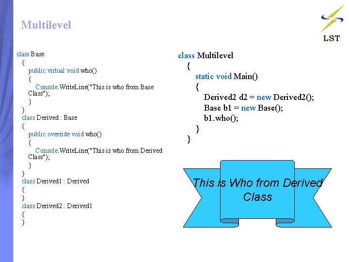 Multilevel class Base { public virtual void who() { Console. Write. Line("This is who Multilevel class Base { public virtual void who() { Console. Write. Line("This is who