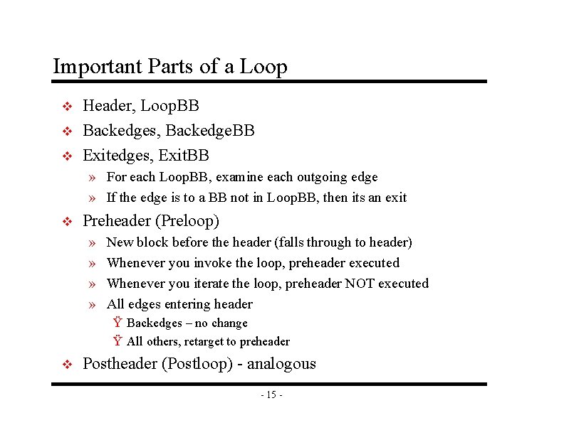 Important Parts of a Loop v v v Header, Loop. BB Backedges, Backedge. BB
