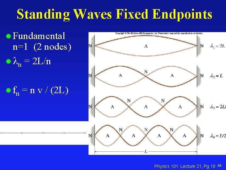 Standing Waves Fixed Endpoints l Fundamental n=1 (2 nodes) l n = 2 L/n