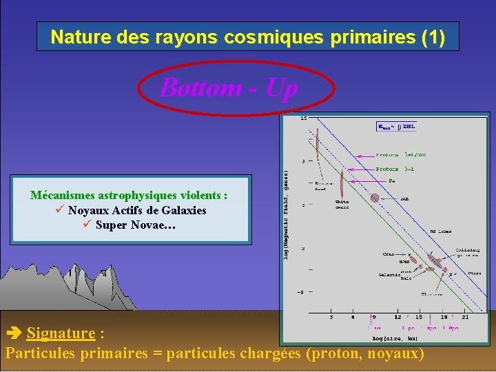 Nature des rayons cosmiques primaires (1) Bottom - Up Mécanismes astrophysiques violents : ü