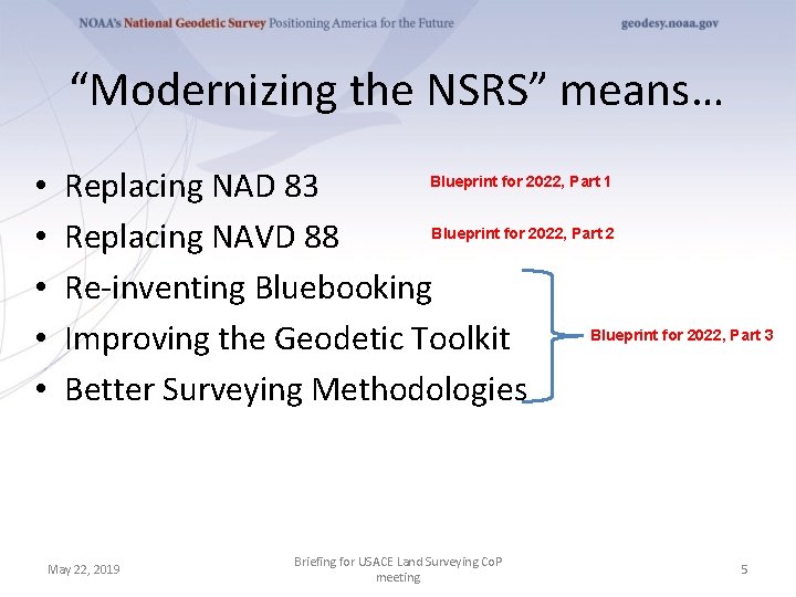 “Modernizing the NSRS” means… • • • Blueprint for 2022, Part 1 Replacing NAD