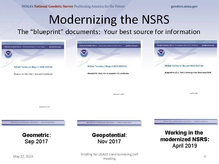 Modernizing the NSRS The “blueprint” documents: Your best source for information Geometric: Sep 2017