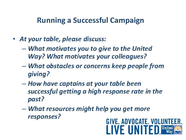 Running a Successful Campaign • At your table, please discuss: – What motivates you