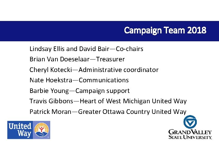 Campaign Team 2018 Lindsay Ellis and David Bair—Co-chairs Brian Van Doeselaar—Treasurer Cheryl Kotecki—Administrative coordinator