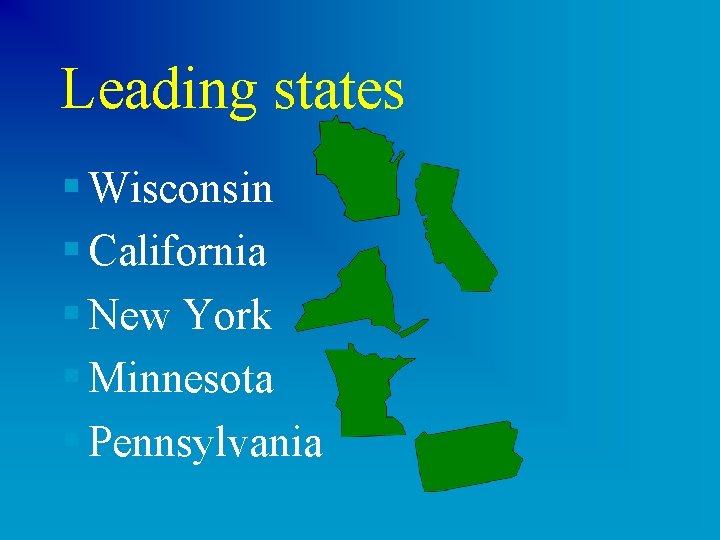 Leading states § Wisconsin § California § New York § Minnesota § Pennsylvania 