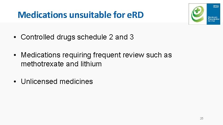 Medications unsuitable for e. RD • Controlled drugs schedule 2 and 3 • Medications