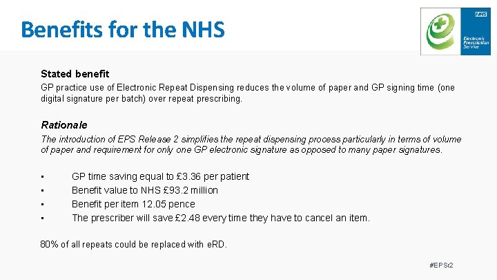 Benefits for the NHS Stated benefit GP practice use of Electronic Repeat Dispensing reduces