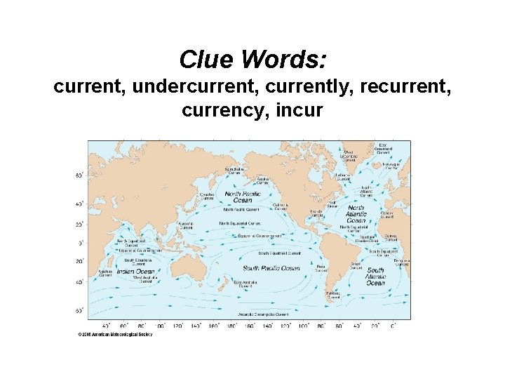 Clue Words: current, undercurrent, currently, recurrent, currency, incur 