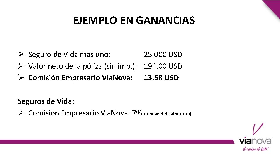 EJEMPLO EN GANANCIAS Ø Seguro de Vida mas uno: 25. 000 USD Ø Valor