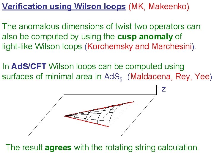 Verification using Wilson loops (MK, Makeenko) The anomalous dimensions of twist two operators can Verification using Wilson loops (MK, Makeenko) The anomalous dimensions of twist two operators can