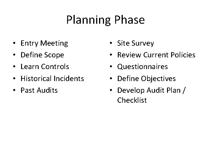 Planning Phase • • • Entry Meeting Define Scope Learn Controls Historical Incidents Past