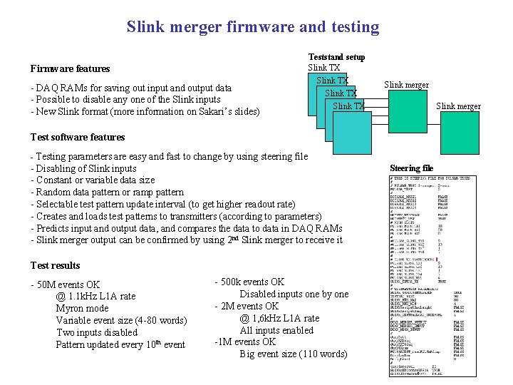 Slink merger firmware and testing Firmware features - DAQ RAMs for saving out input