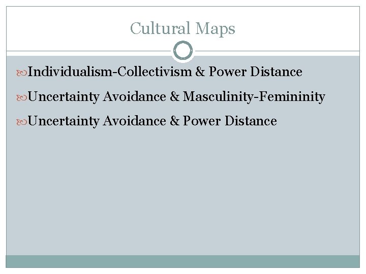 Cultural Maps Individualism-Collectivism & Power Distance Uncertainty Avoidance & Masculinity-Femininity Uncertainty Avoidance & Power