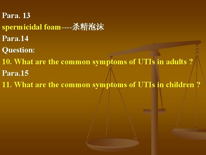 Para. 13 spermicidal foam----杀精泡沫 Para. 14 Question: 10. What are the common symptoms of