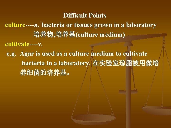 Difficult Points culture----n. bacteria or tissues grown in a laboratory 培养物; 培养基(culture medium) cultivate----v.