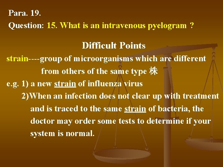 Para. 19. Question: 15. What is an intravenous pyelogram ? Difficult Points strain----group of