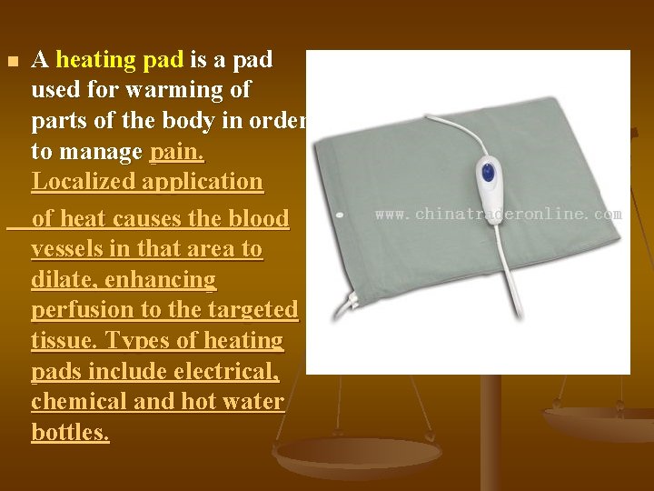 n A heating pad is a pad used for warming of parts of the