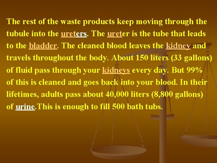 The rest of the waste products keep moving through the tubule into the ureters.