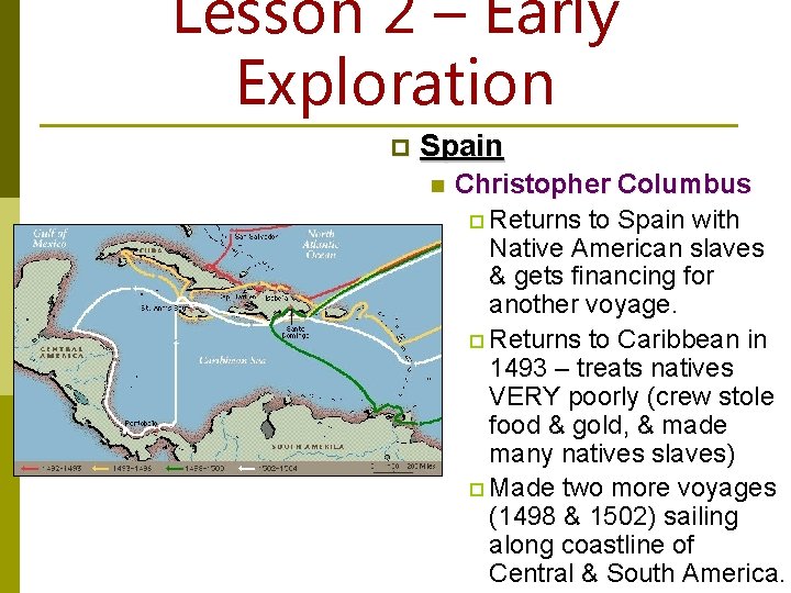 Lesson 2 – Early Exploration p Spain n Christopher Columbus p Returns to Spain