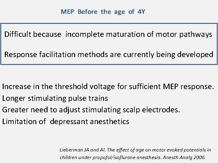MEP Before the age of 4 Y Difficult because incomplete maturation of motor pathways