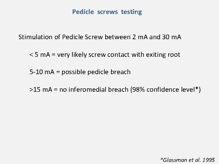 Pedicle screws testing Stimulation of Pedicle Screw between 2 m. A and 30 m.