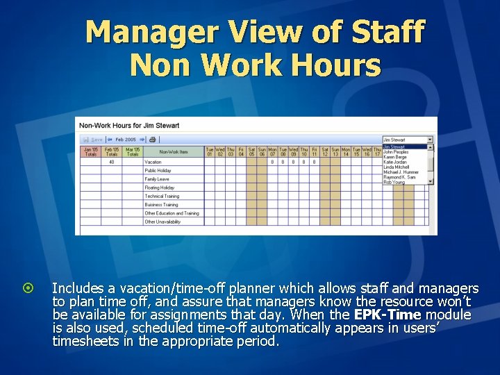 Manager View of Staff Non Work Hours ¤ Includes a vacation/time-off planner which allows Manager View of Staff Non Work Hours ¤ Includes a vacation/time-off planner which allows