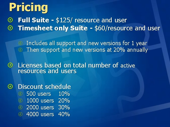 Pricing ¤ Full Suite - $125/ resource and user ¤ Timesheet only Suite - Pricing ¤ Full Suite - $125/ resource and user ¤ Timesheet only Suite -