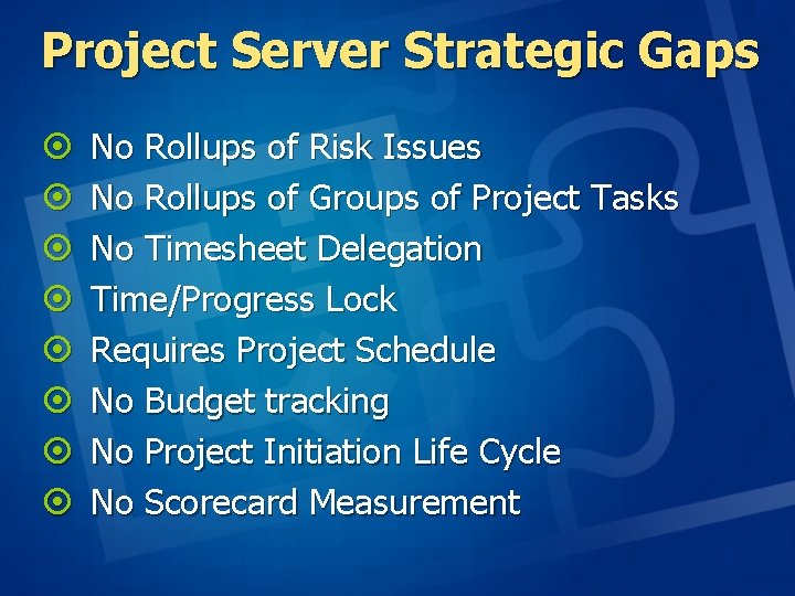 Project Server Strategic Gaps ¤ ¤ ¤ ¤ No Rollups of Risk Issues No Project Server Strategic Gaps ¤ ¤ ¤ ¤ No Rollups of Risk Issues No