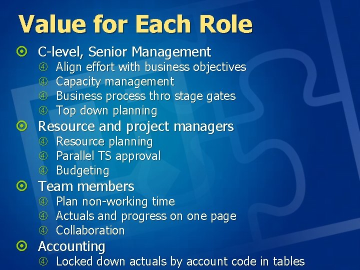 Value for Each Role ¤ C-level, Senior Management Align effort with business objectives Capacity Value for Each Role ¤ C-level, Senior Management Align effort with business objectives Capacity