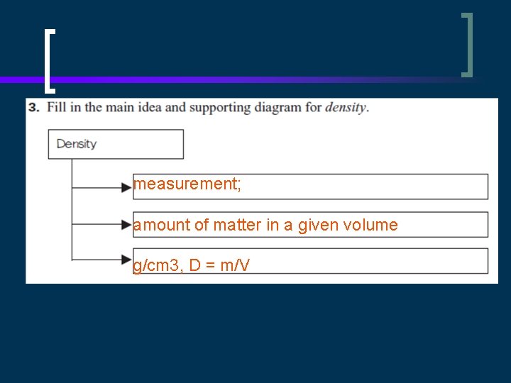 measurement; amount of matter in a given volume g/cm 3, D = m/V 