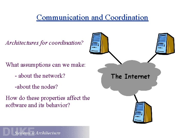 Communication and Coordination Architectures for coordination? What assumptions can we make: - about the