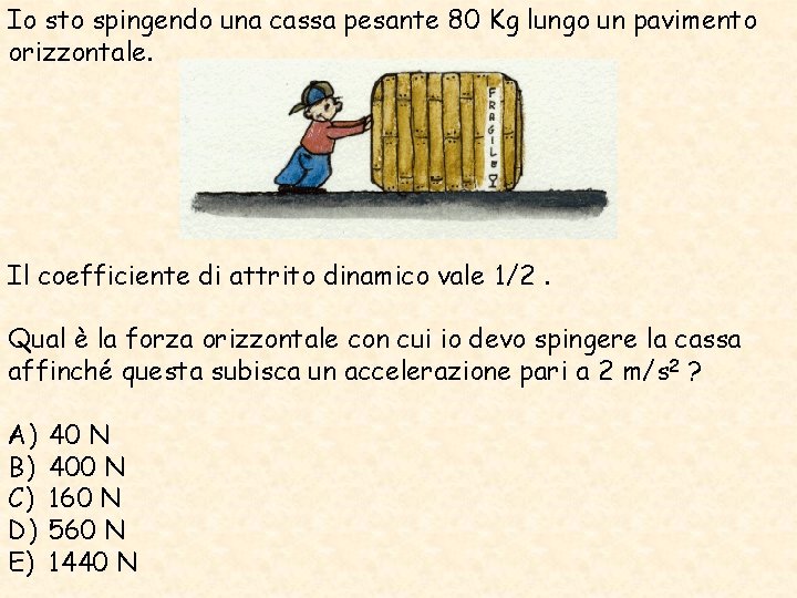 Io sto spingendo una cassa pesante 80 Kg lungo un pavimento orizzontale. Il coefficiente