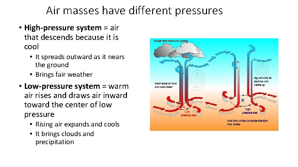 Air masses have different pressures • High-pressure system = air that descends because it