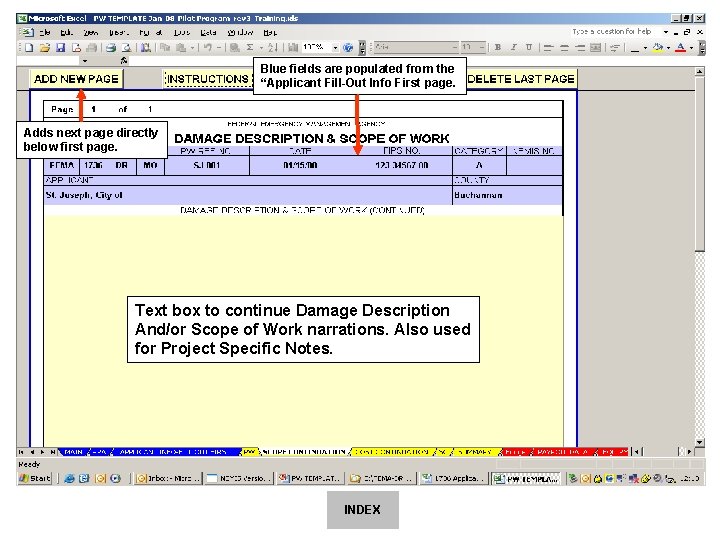 Blue fields are populated from the “Applicant Fill-Out Info First page. Adds next page