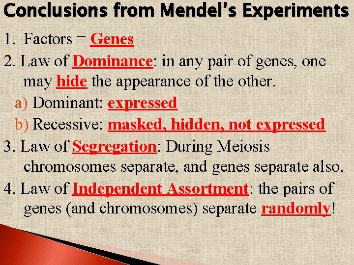 Conclusions from Mendel’s Experiments 1. Factors = Genes 2. Law of Dominance: in any