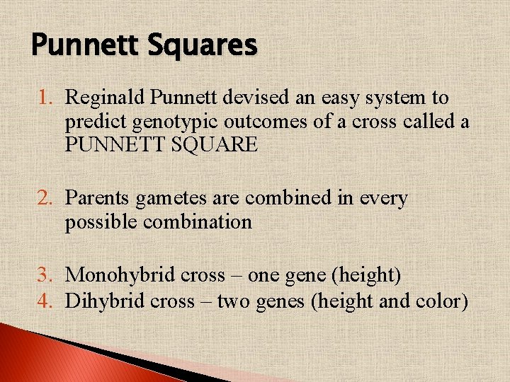 Punnett Squares 1. Reginald Punnett devised an easy system to predict genotypic outcomes of
