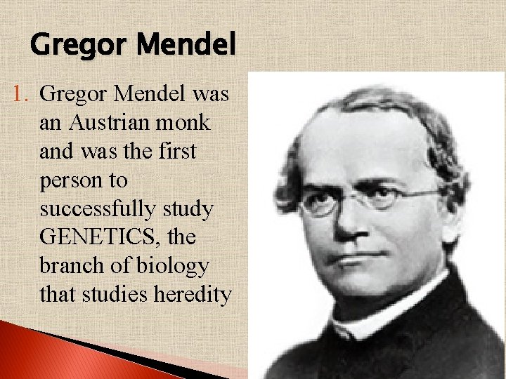 Gregor Mendel 1. Gregor Mendel was an Austrian monk and was the first person