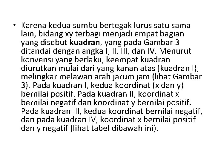  • Karena kedua sumbu bertegak lurus satu sama lain, bidang xy terbagi menjadi