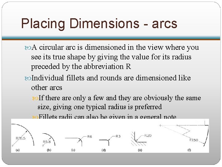 Placing Dimensions - arcs A circular arc is dimensioned in the view where you