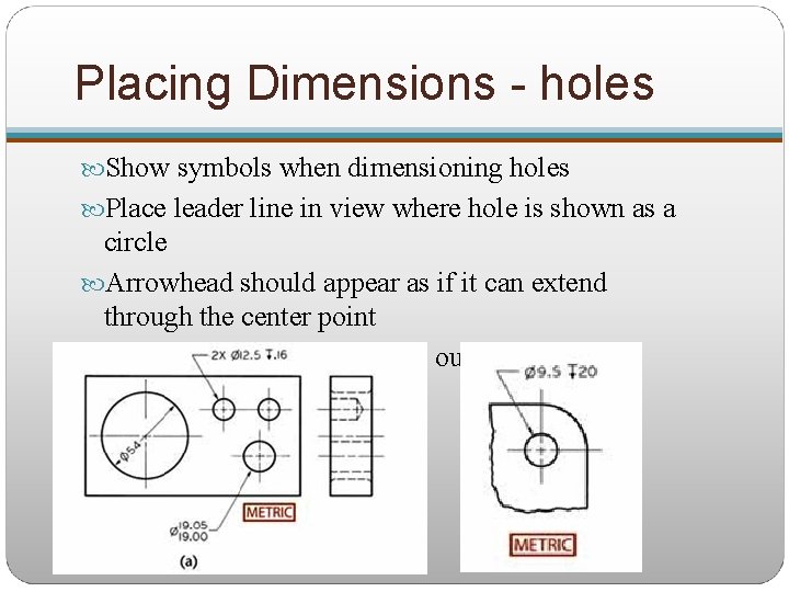 Placing Dimensions - holes Show symbols when dimensioning holes Place leader line in view