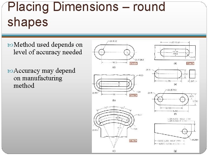 Placing Dimensions – round shapes Method used depends on level of accuracy needed Accuracy