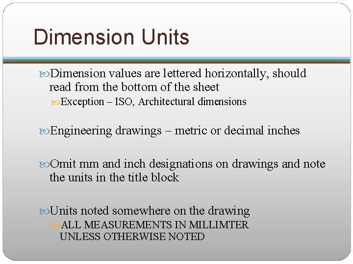 Dimension Units Dimension values are lettered horizontally, should read from the bottom of the