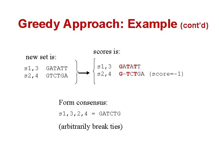 Greedy Approach: Example (cont’d) scores is: new set is: s 1, 3 s 2, Greedy Approach: Example (cont’d) scores is: new set is: s 1, 3 s 2,