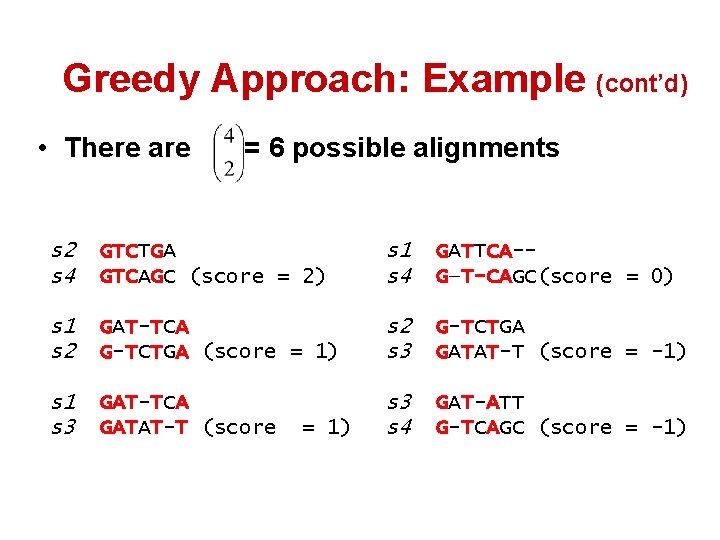 Greedy Approach: Example (cont’d) • There are = 6 possible alignments s 2 s Greedy Approach: Example (cont’d) • There are = 6 possible alignments s 2 s