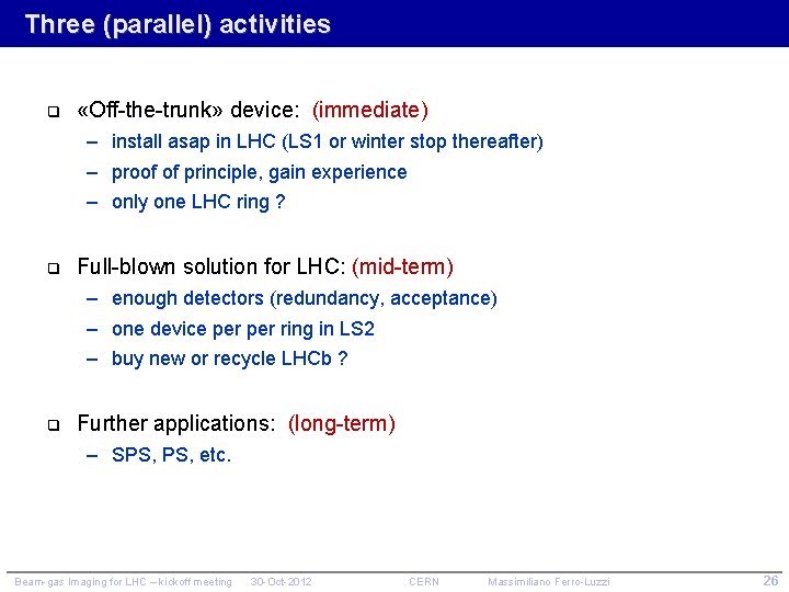 Three (parallel) activities q «Off-the-trunk» device: (immediate) – install asap in LHC (LS 1