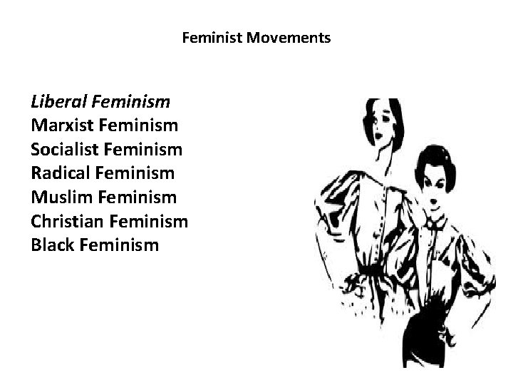 Feminist Movements Liberal Feminism Marxist Feminism Socialist Feminism Radical Feminism Muslim Feminism Christian Feminism