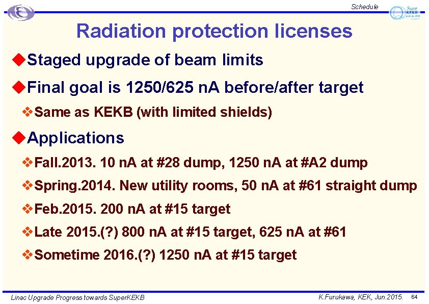 Schedule Radiation protection licenses u. Staged upgrade of beam limits u. Final goal is
